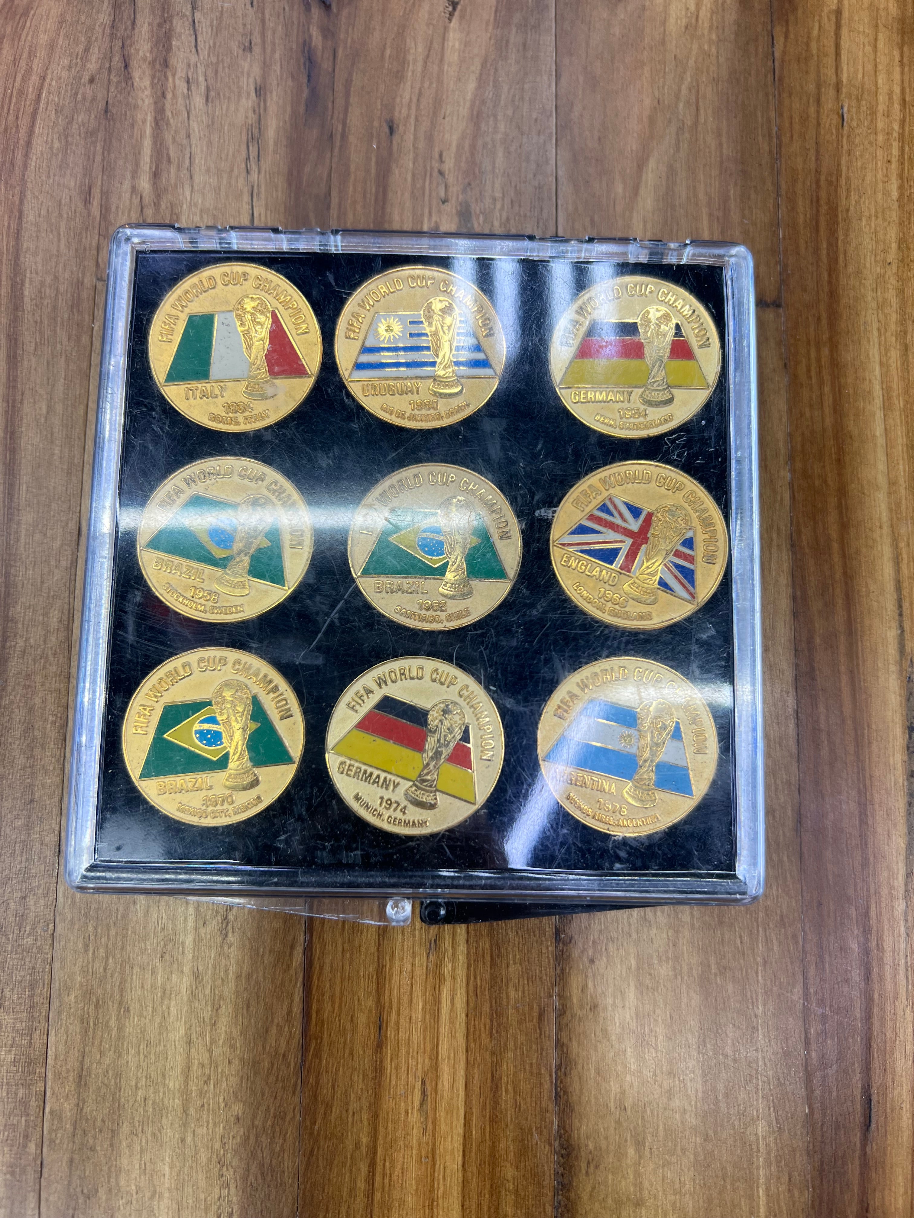 FIFA World Cup Champions Collector Pin Set (1930–1978) – Vintage Gold-Tone Enamel Pins in Display Case