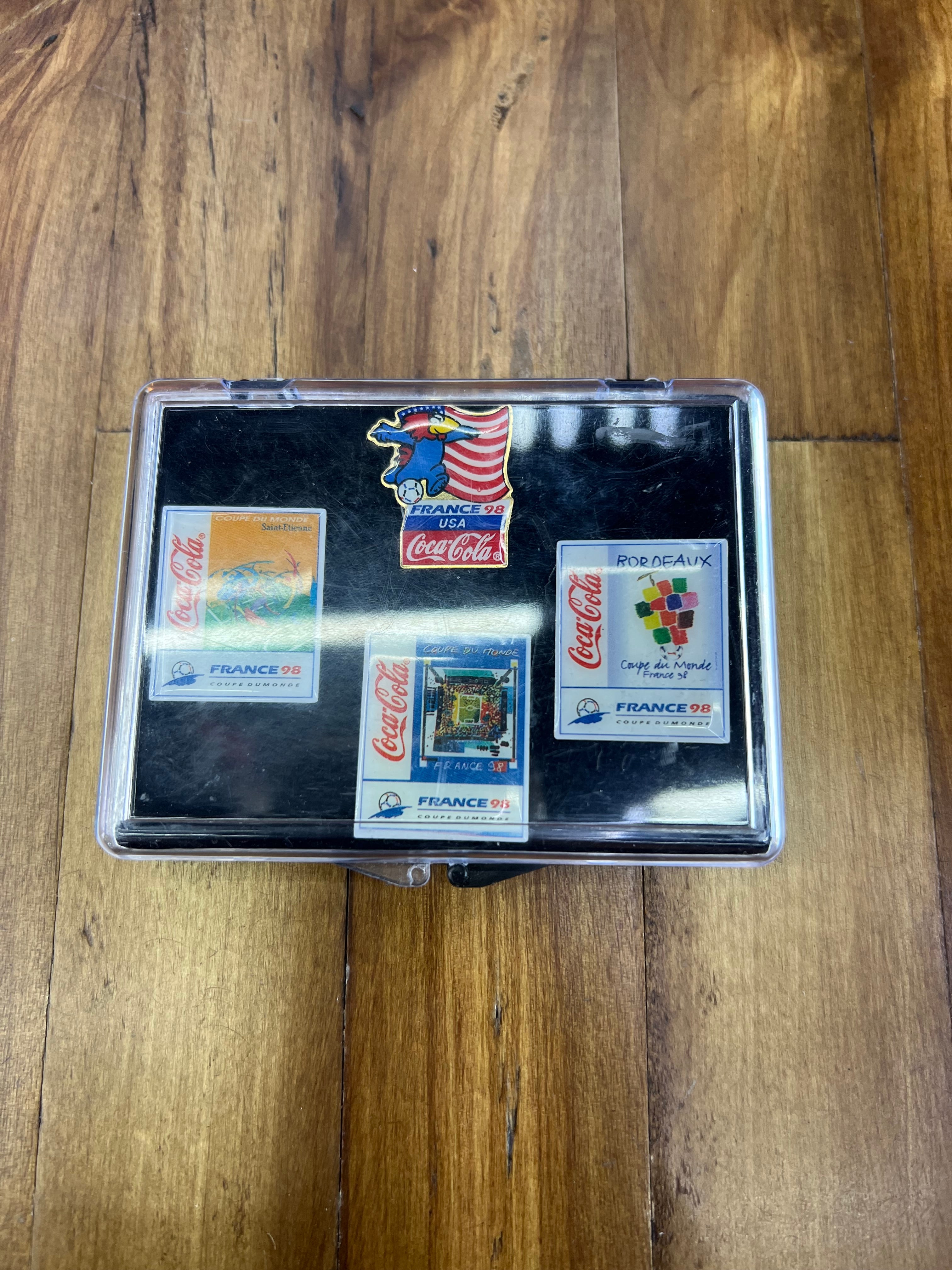 FIFA World Cup France 1998 Coca-Cola Pin Collection Set – Official Licensed Display Case with 4 Pins