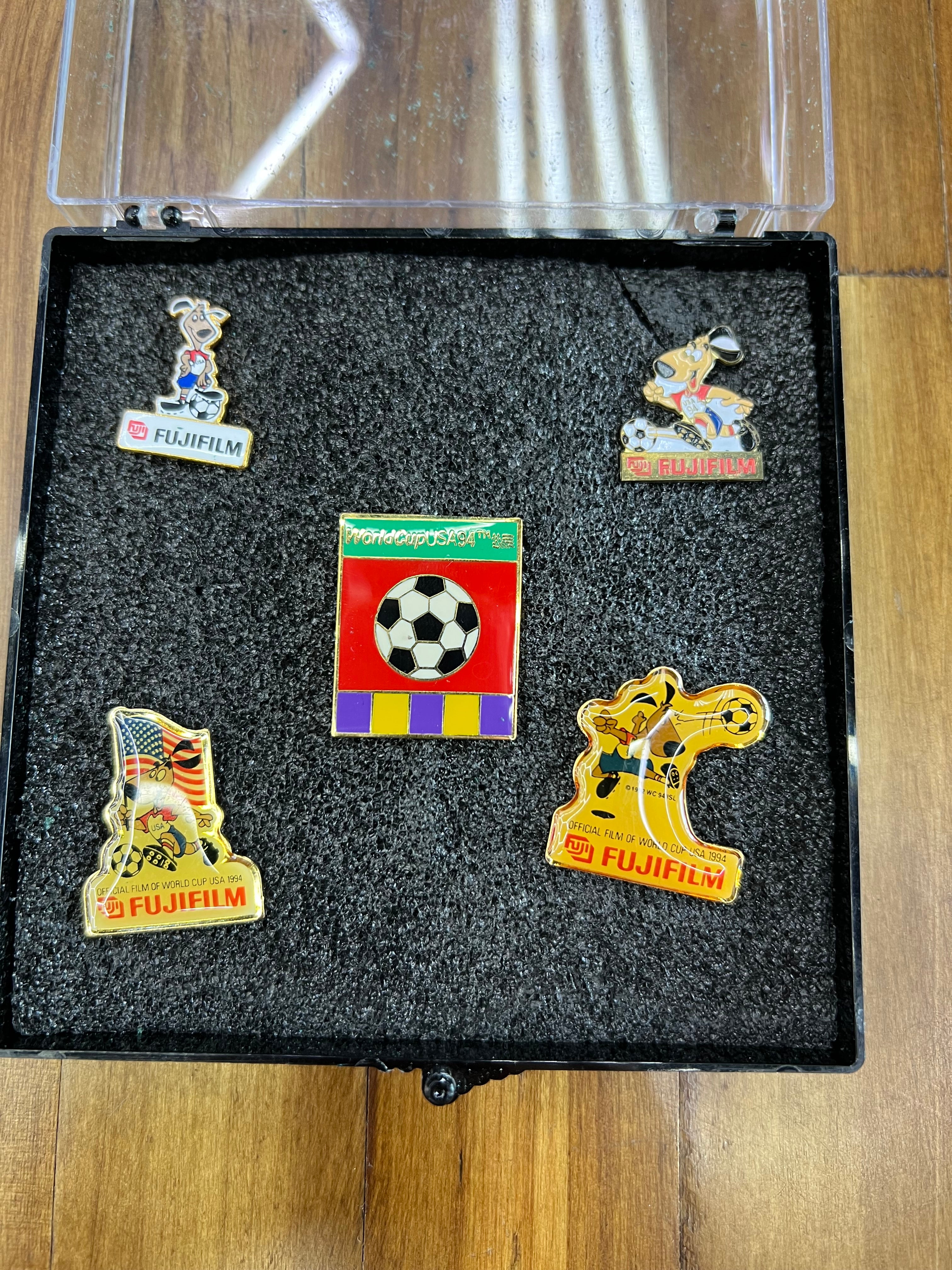 1994 FIFA World Cup USA Fujifilm Sponsor Pin Collection (5-Piece Set) – Official World Cup USA ’94 Pins with Display Case