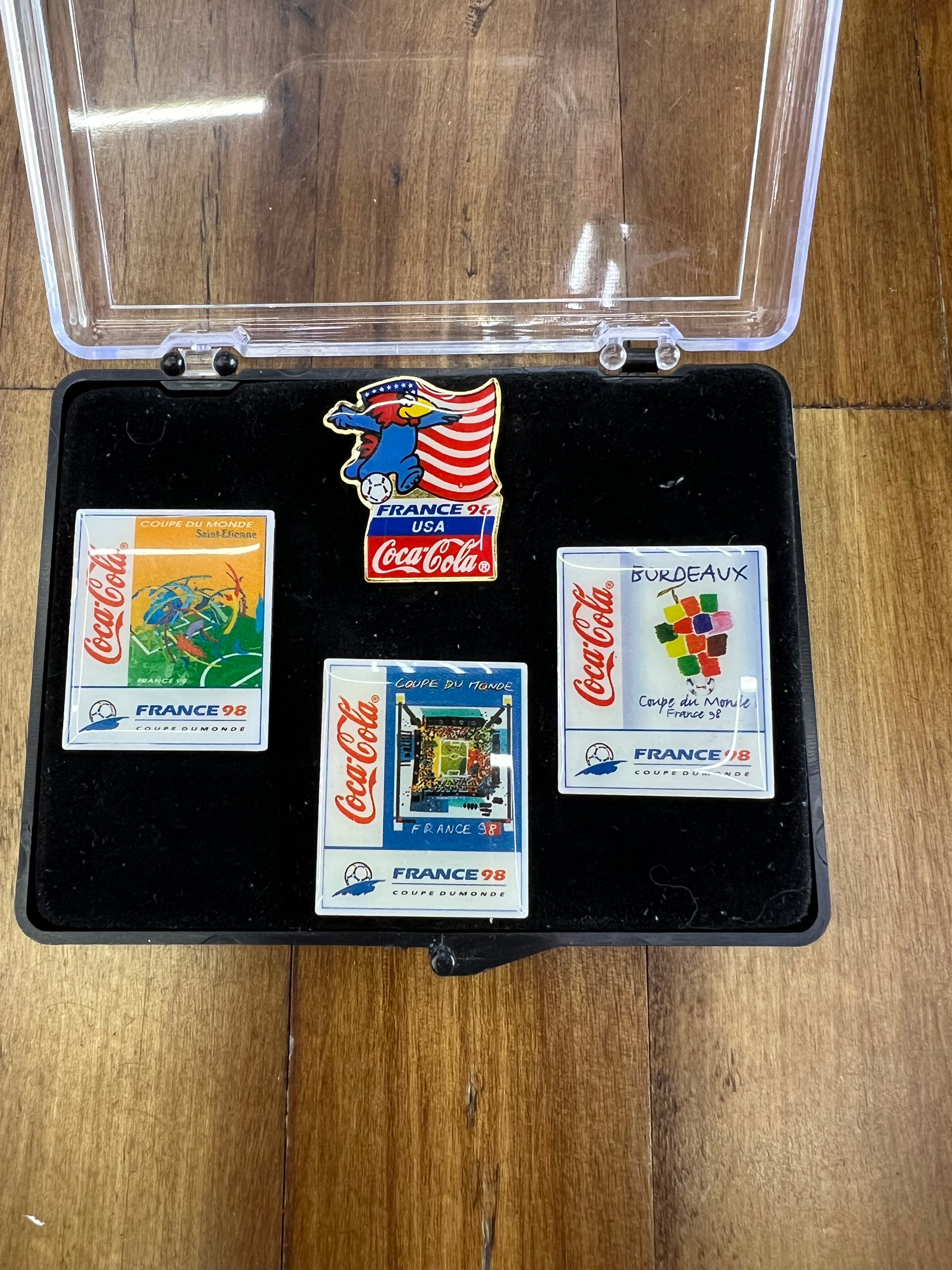 FIFA World Cup France 1998 Coca-Cola Pin Collection Set – Official Licensed Display Case with 4 Pins